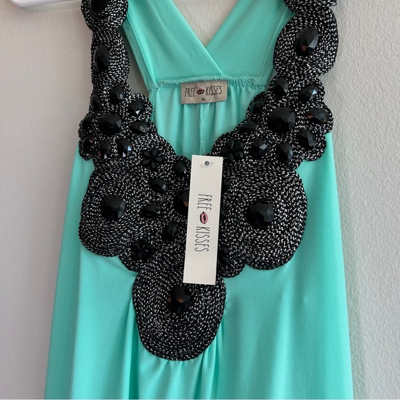 NWT Free Kisses Aqua Y2K Tank Top with Black Beaded Accents Size XL - Picture 3 of 6